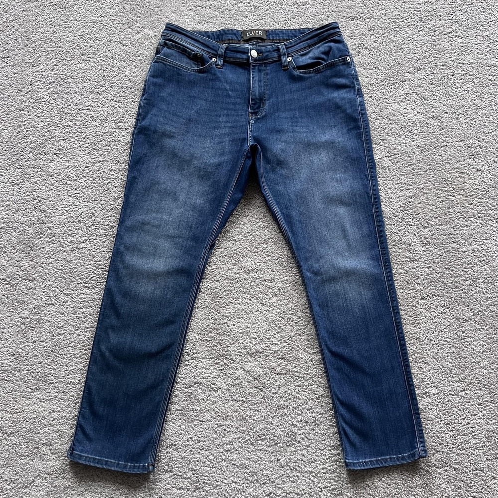 DU/ER‎ L2X Relaxed Taper Jeans Mens 34x29 Blue Stretch Performance Denim Casual